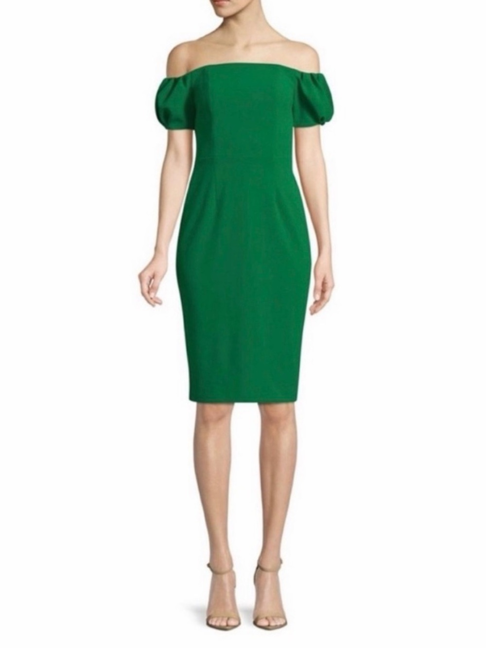Betsy & Adam Green Off-the-Shoulder Puff Sleeve Sheath Dress